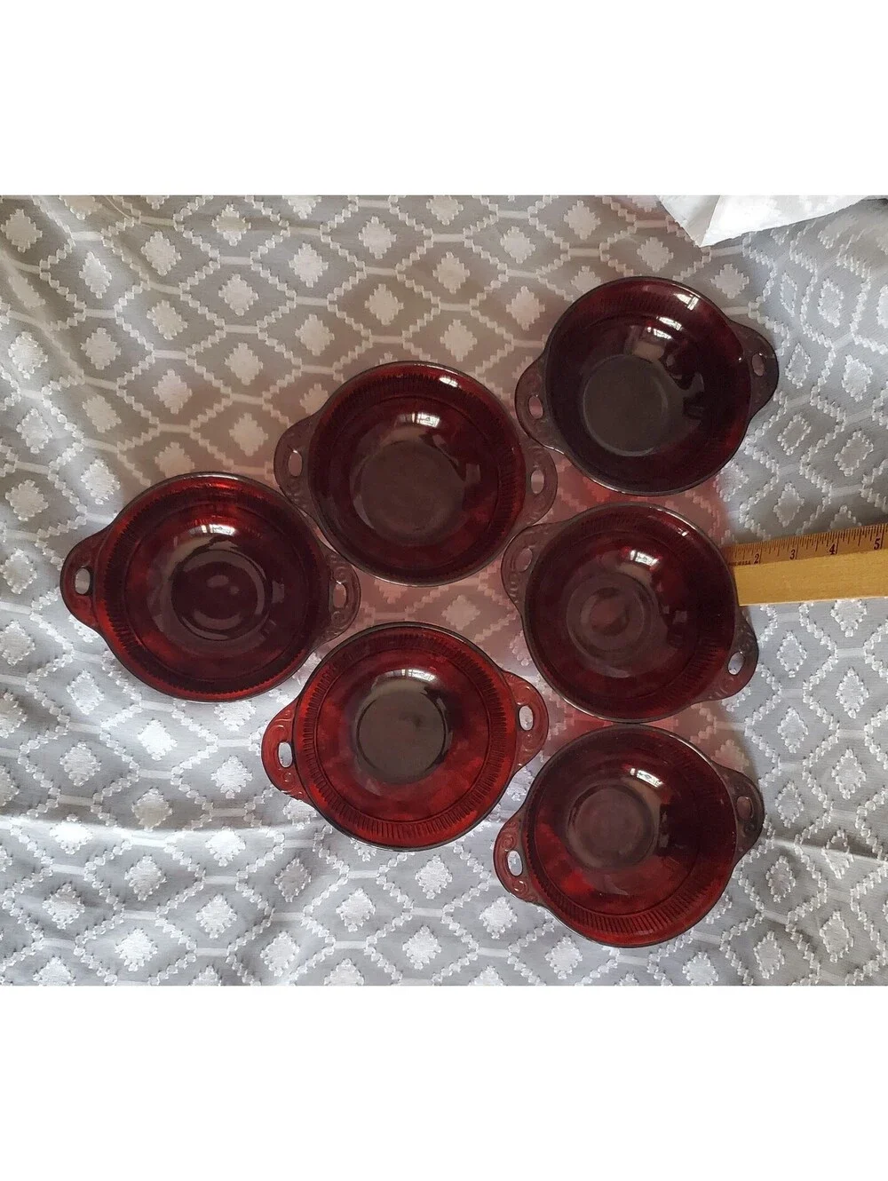 6 Anchor Hocking Ruby Red Coranation Pattern Bowls
